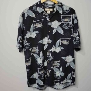 Vintage 90s Men Tropical Silk Blend Casual Shirt Large Hawaiian Camp Beach Retro